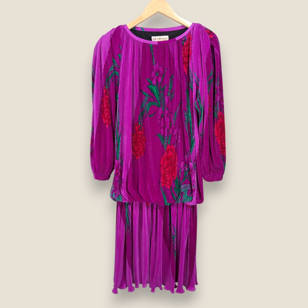 LS Collections Ribbed Floral Print Dress Magenta Long Sleeve Elastic Waist Midi
